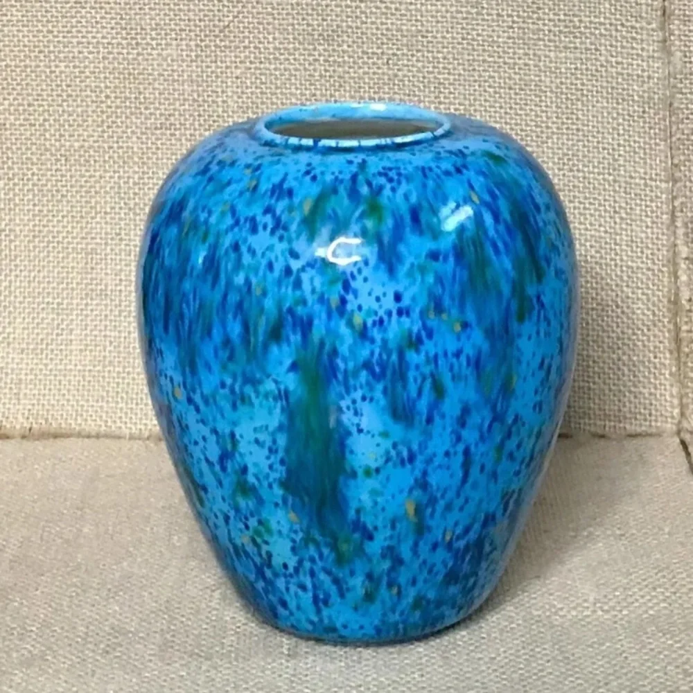 Blue Green Speckled Ceramic Vase Handmade Whimsical Fun Coastal Grandma Ocean